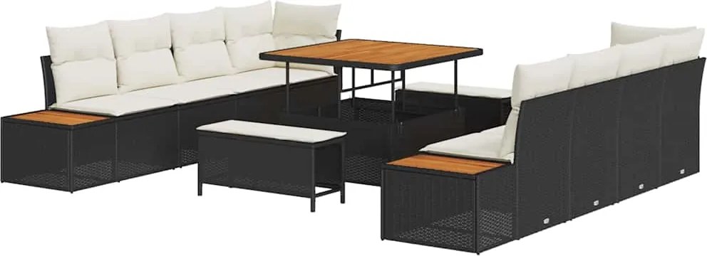vidaXL Kerti Kanapé Szett párnával tárolóval 11 pcs Fekete Poli rattan