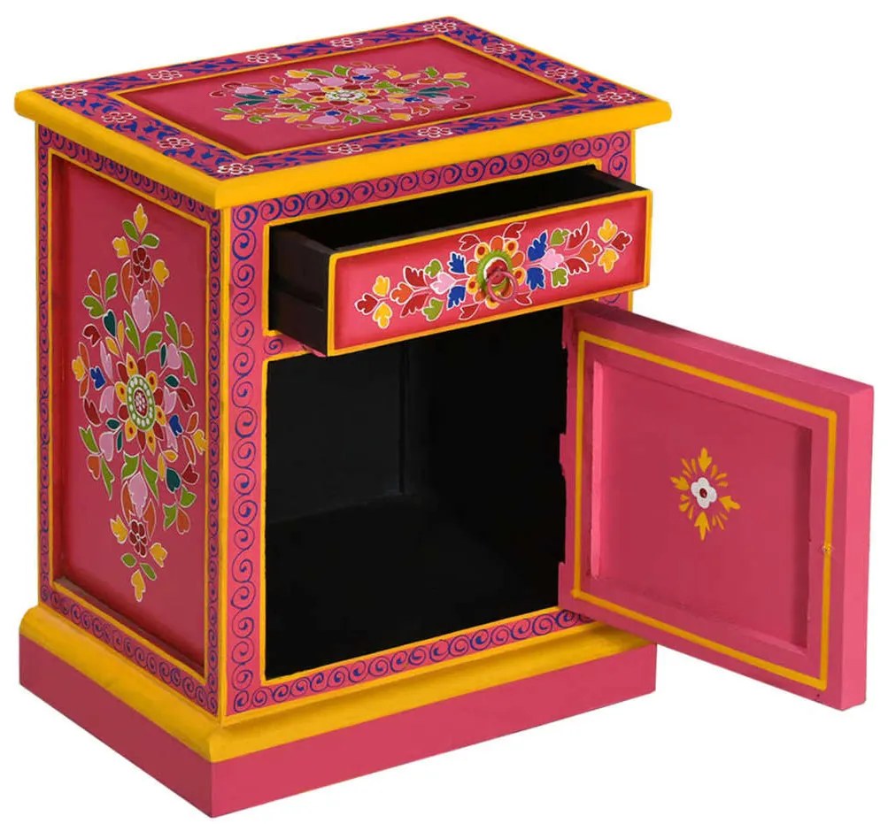 rózsaszín, kézzel festett, tömör mangófa éjjeliszekrény