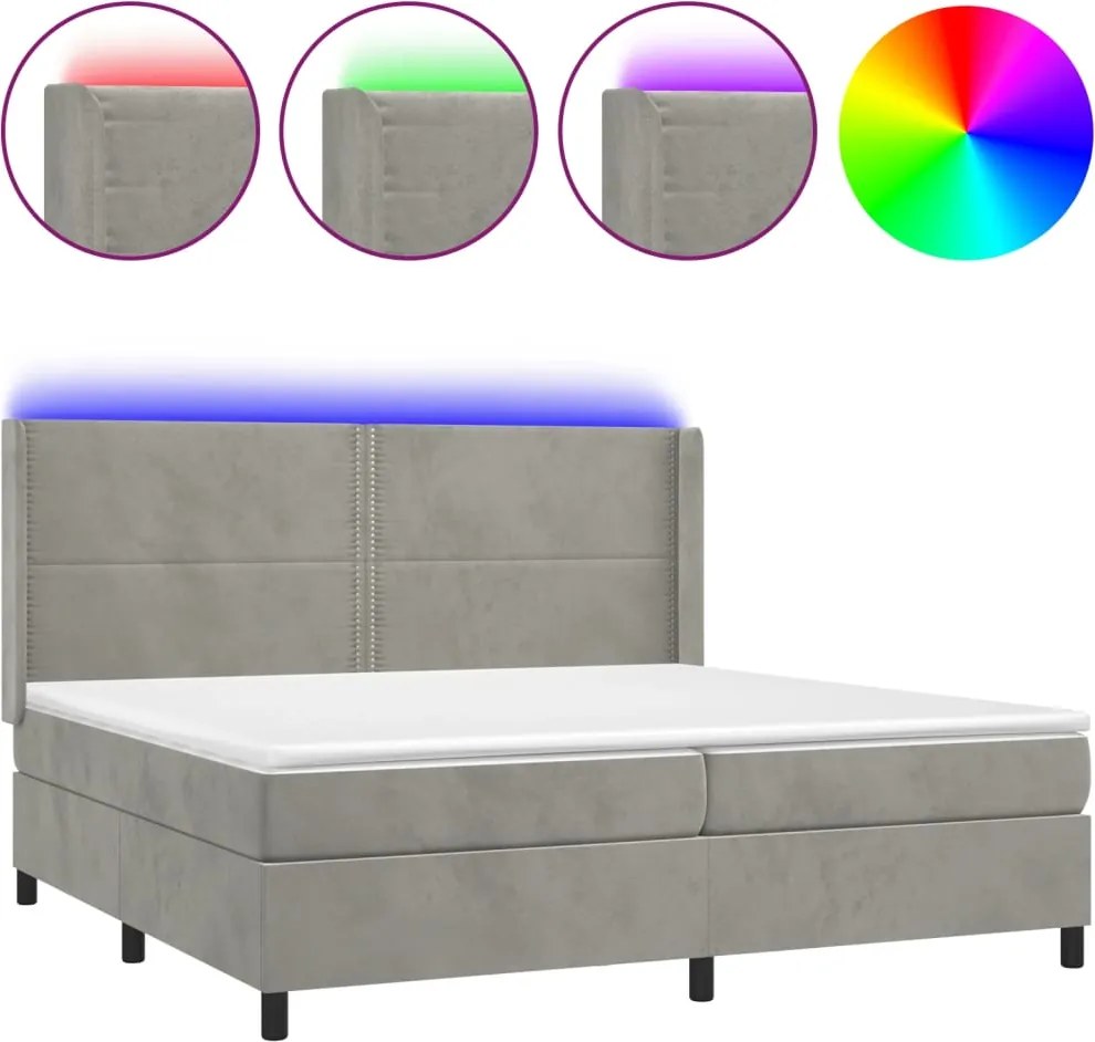 vidaXL világosszürke bársony rugós és LED-es ágy matraccal 200x200 cm
