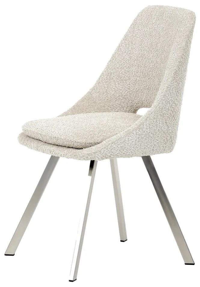 Scaun de sufragerie modern, tapițerie din material crem, picioare metalice, oțel inoxidabil periat.