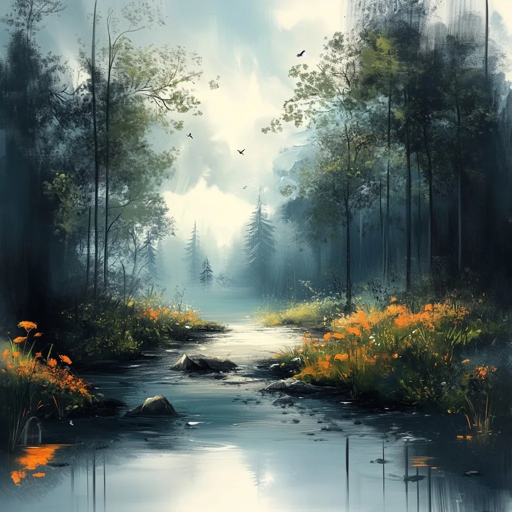 Vászonkép Canvas Természet Tájkép Erdő Folyó Patak Virágok Köd 80x80