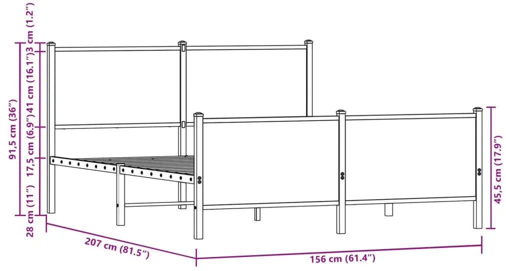 barna tölgy színű fém ágykeret matrac nélkül 150 x 200 cm
