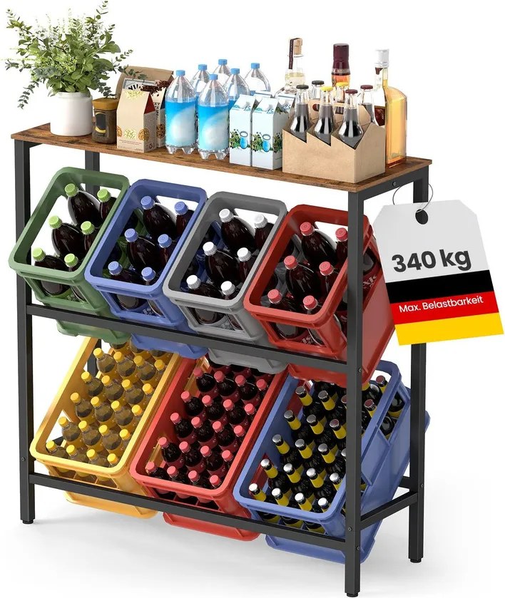 2 szintes, 4 rekeszes acél ital tároló állvány, vintage barna és fekete