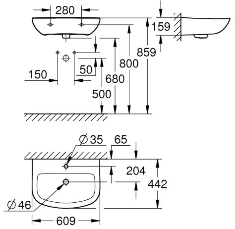 GROHE 39421000 - BAU CERAMIC falra szerelhető mosdó 609 × 442 mm kerámia/fehér