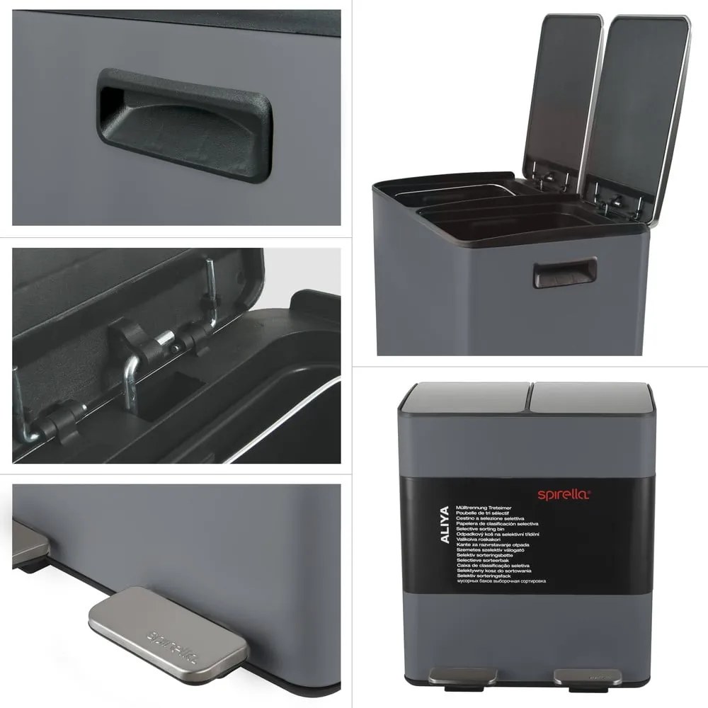Sötétszürke acél szelektív pedálos szemetes 2x20 l Aliya – Spirella