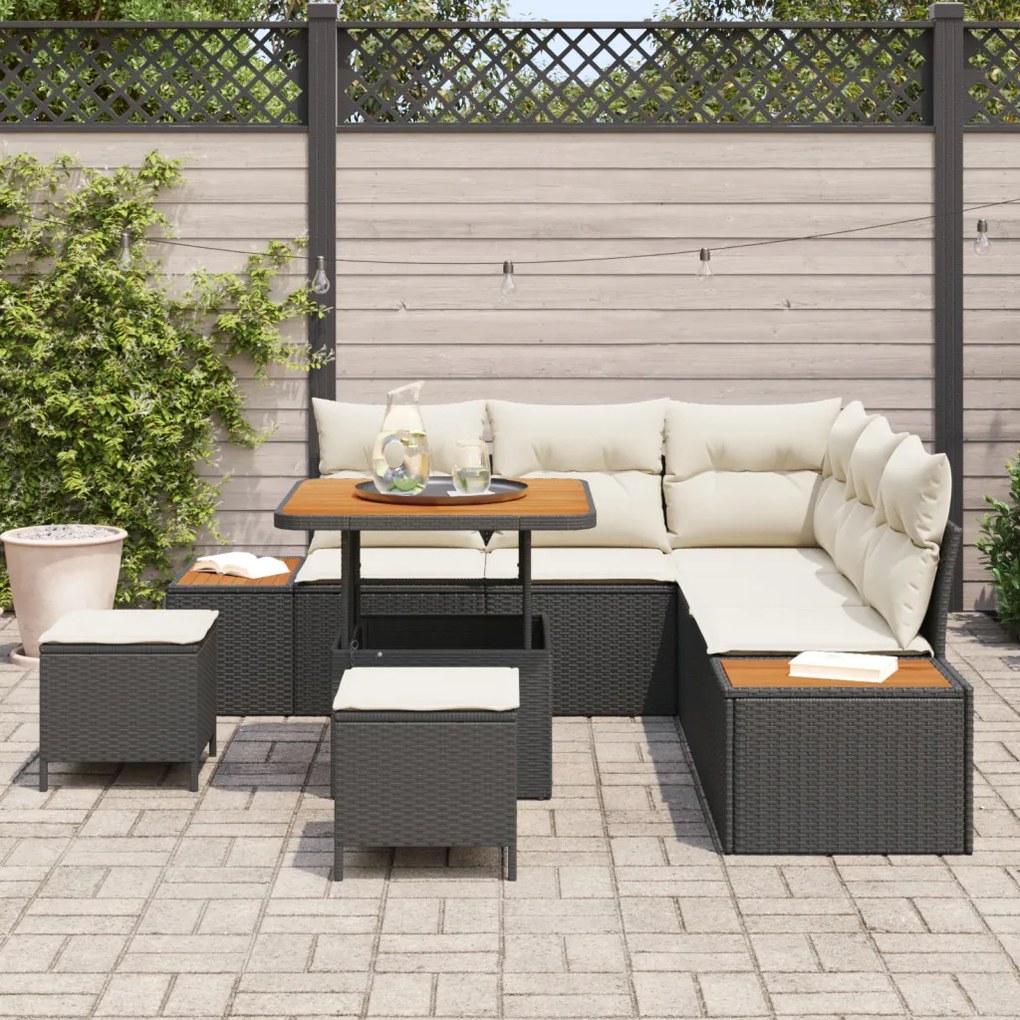 8 Darabos Kert Sofa Szett Párnákkal Fekete Poli Rattan Akáccal