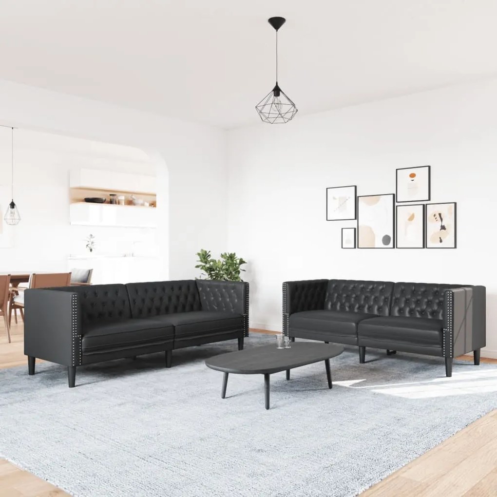 2 részes fekete műbőr Chesterfield kanapégarnitúra