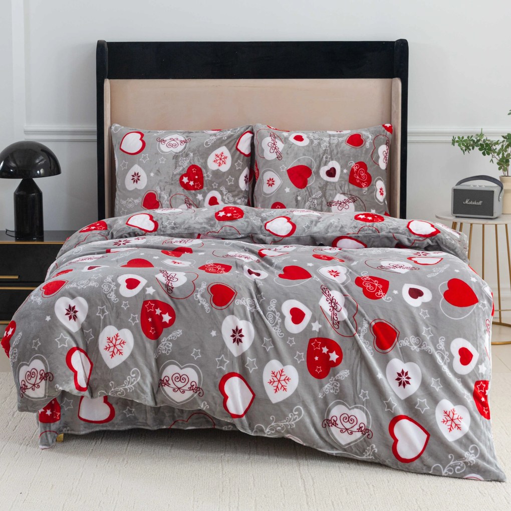 Mikroplüss ágynemű szett CHRISTMAS HEART szürke + mikroplüss lepedő SOFT 90x200 cm fehér, egyszemélyes ágyhoz