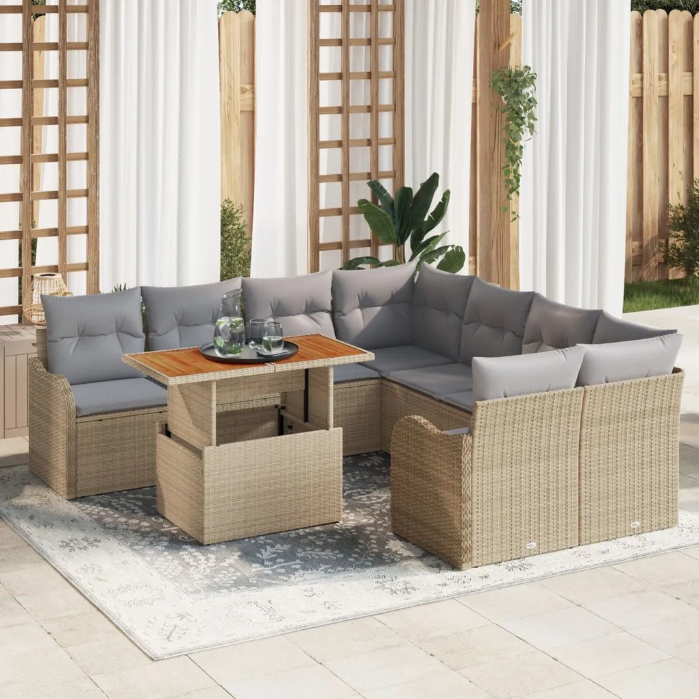 9 Darabos Kerti Kanapé Szett Párnákkal Bézs Poly Rattan Akácia, 2-Fős Kerti Kanapé Párnákkal Bézs Poly Rattan