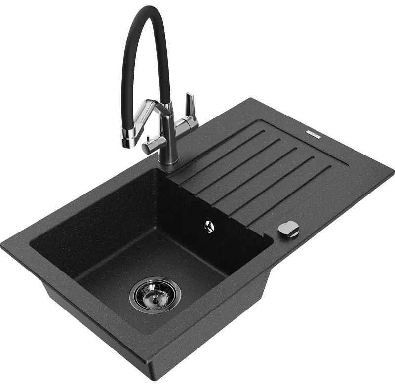 Mexen Pablo 1 rekeszes gránit mosogató lefolyóval és Duo konyhai csapteleppel, fekete/ezüst metál - 6510-73-671701-07-B