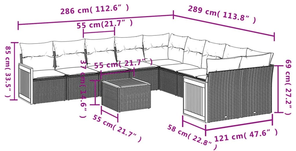 11 részes fekete polyrattan kerti ülőgarnitúra párnákkal