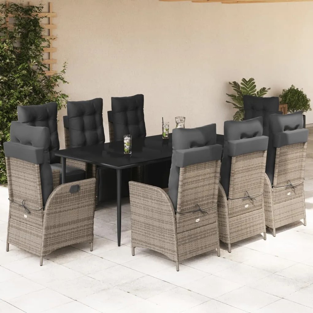 9 részes szürke polyrattan kerti étkezőgarnitúra párnával