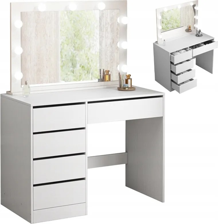 Kozmetikai Smink Fésülködőasztal Led Tükörrel Modern Glamour Fehér