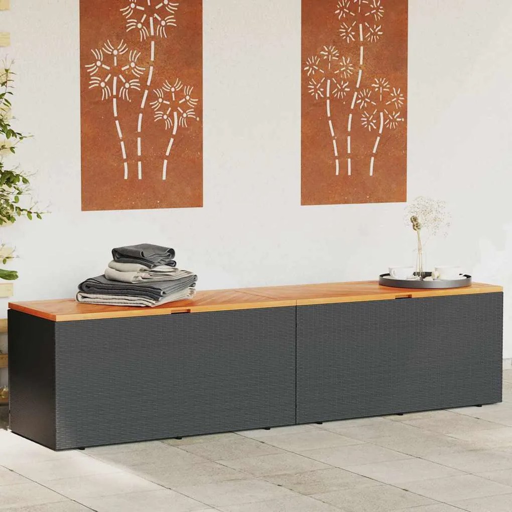 Fekete Polyrattan És Akácfa Kerti Tárolóláda 220 X 50 X 54 Cm