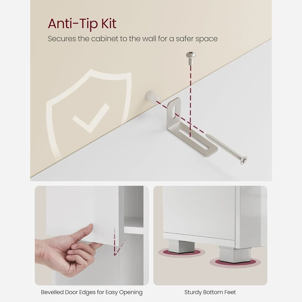 Keskeny fürdőszoba szekrény, fiókkal, állítható polcokkal, fehér, 30x30x170 cm