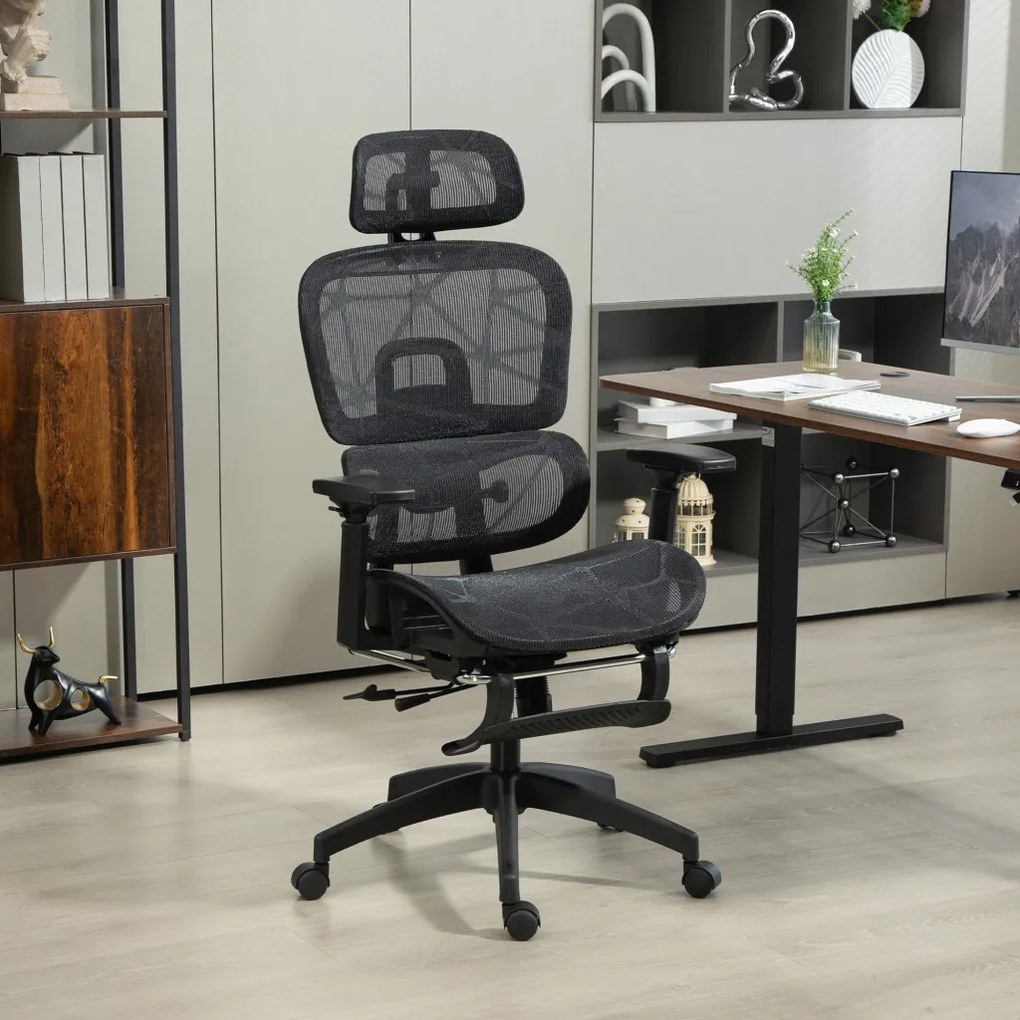 HOMCOM Ergonomikus irodai szék, hálós szövettel, állítható 3D, karfákkal és fejtámlával, fekete
