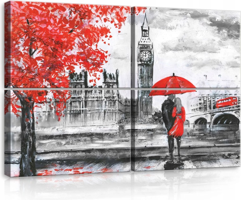 Vászonkép 120x80 London Big Ben pár eső város ősz szerelem piros