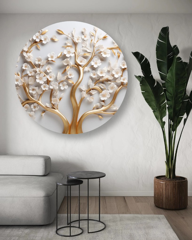 Gario Kerek vászonkép Fehér magnólia virágok arany ágakon Méret: 80 x 80 cm