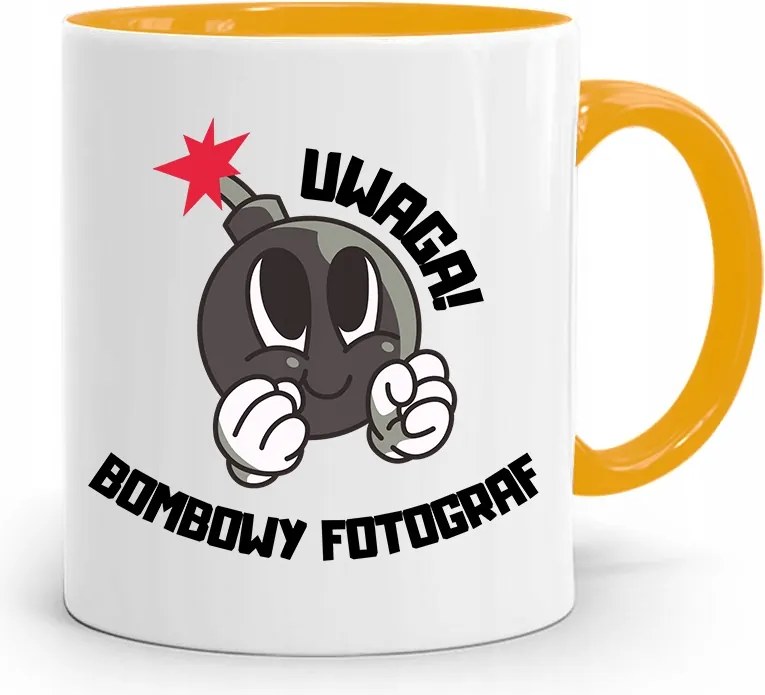 Sárga Fotós Bögre Figyelem Bomba Fotós nyomott mintával