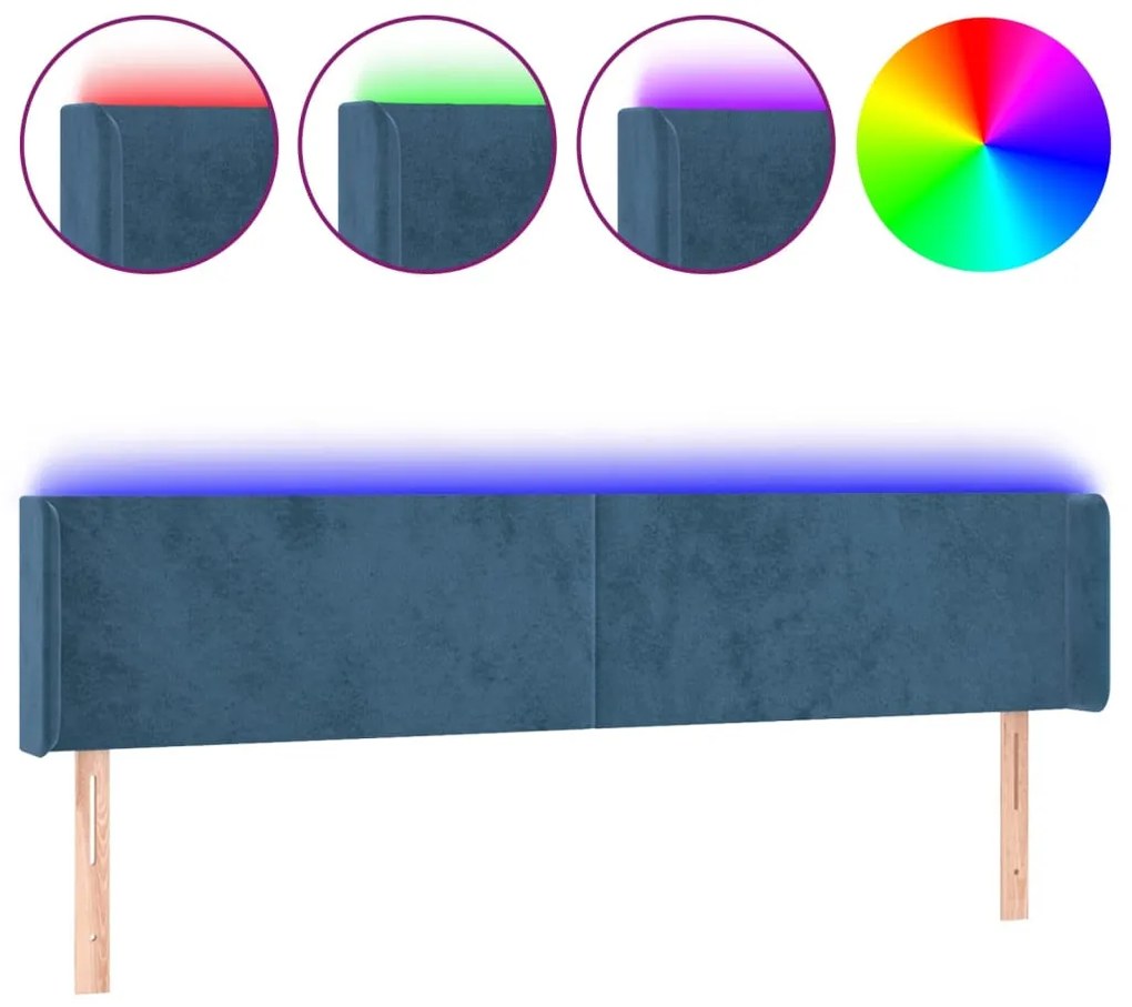 sötétkék bársony LED-es fejtámla 183 x 16 x 78/88 cm