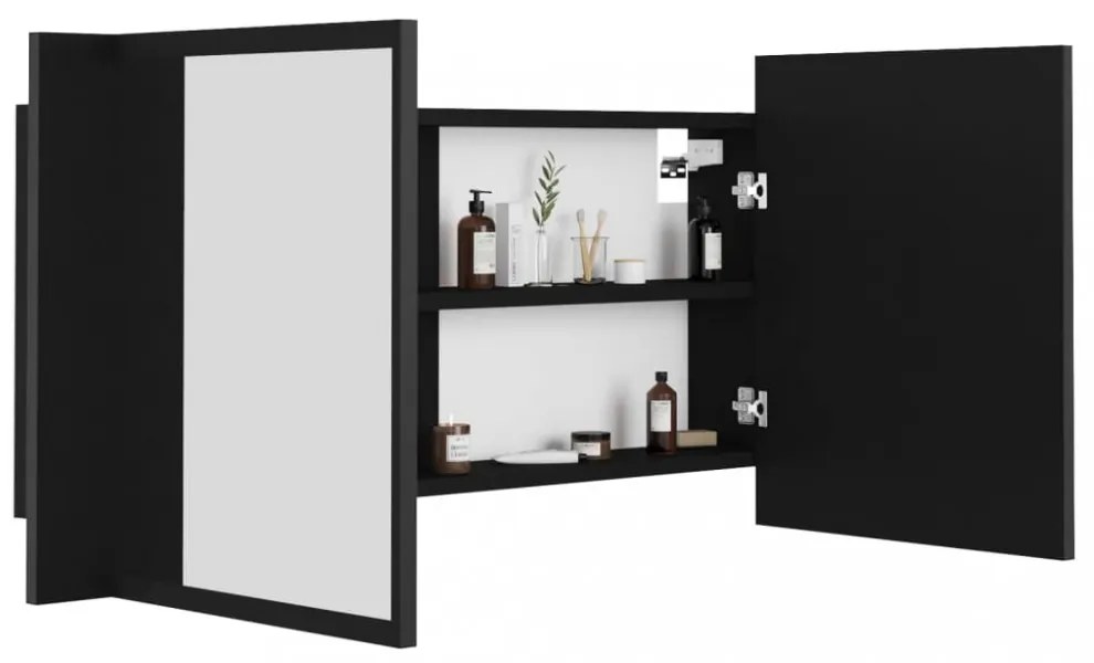 fekete akril LED-es fürdőszobaszekrény tükörrel 90x12x45 cm
