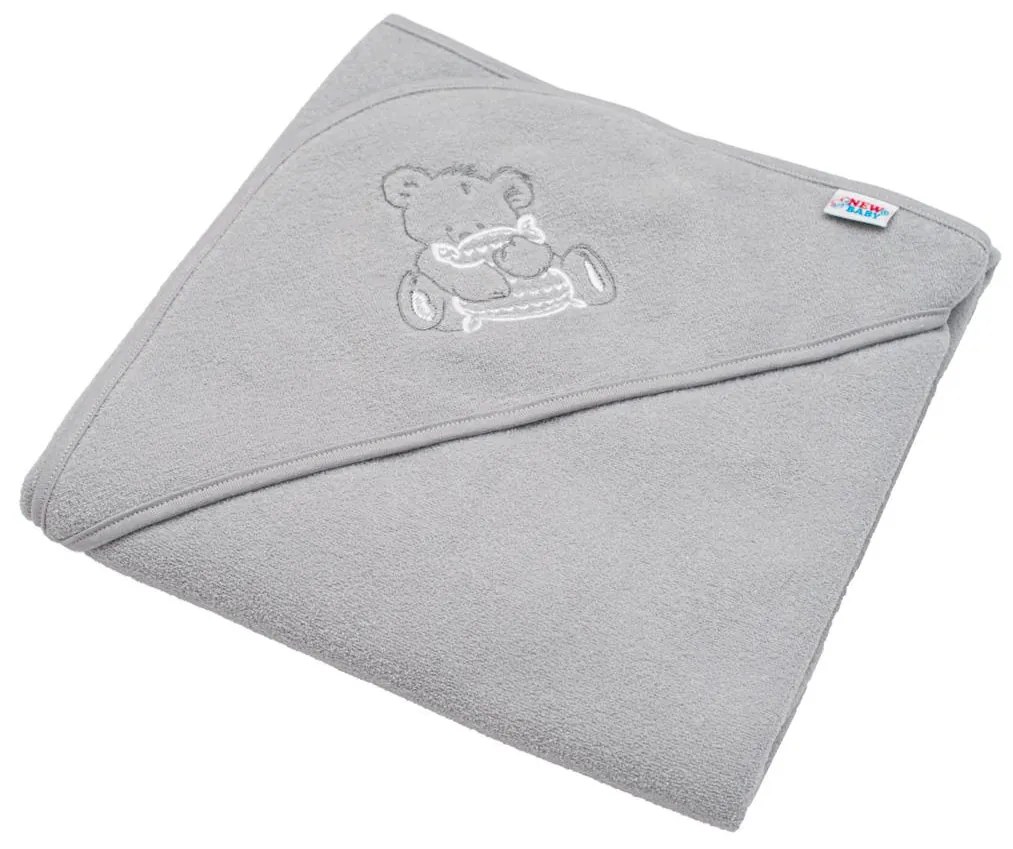 Gyermek frottír törölköző hímzéssel és kapucnival New Baby 80x80 szürke maci