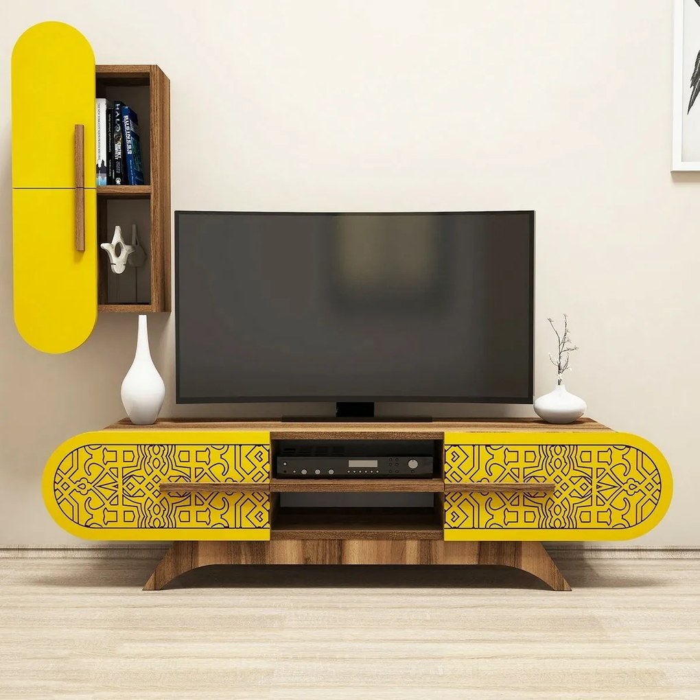 Defne Yellow and Walnut TV-szekrény szekrénnyel
