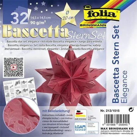 Bascetta csillag készlet, 14,5x14,5 cm, 90 g, 32 lap, FOLIA, piros-dzsungel (FL2131515)