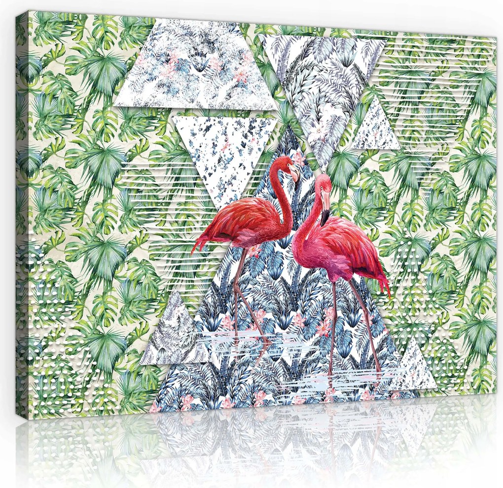 Vászonkép 70x50 Trópusi flamingó rózsaszín zöld geometrikus minta madarak levelek