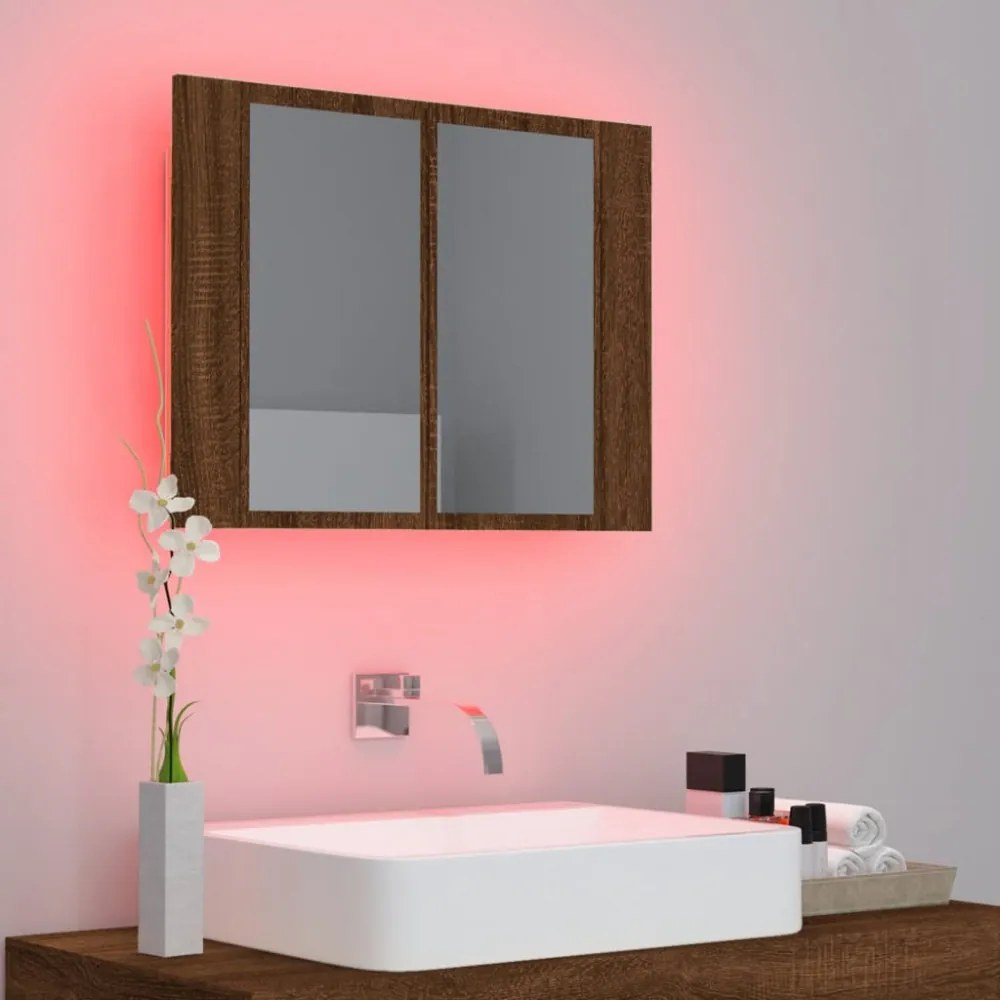 barna tölgyszínű szerelt fa tükörszekrény LED-del 60x12x45 cm