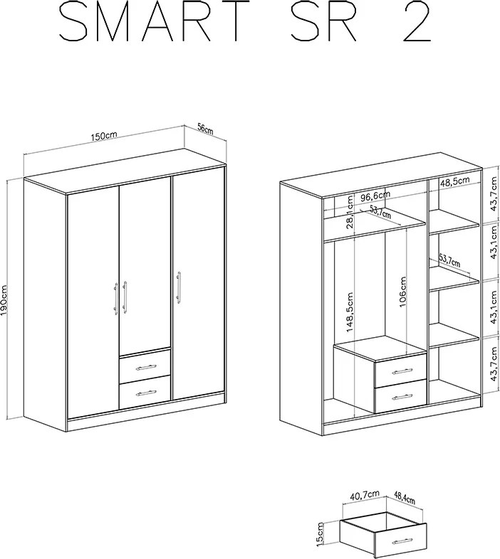 Smart SRL2 ruhásszekrény háromajtós, tükrös - artisan-tölgy
