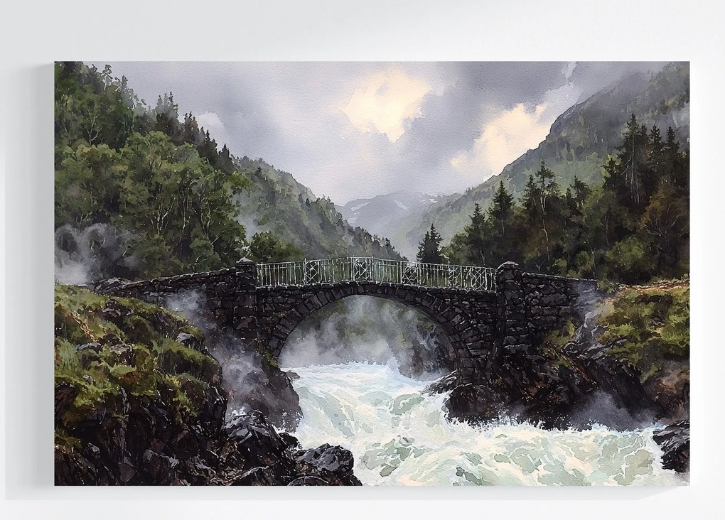 Vászonkép Canvas Tájkép Szabadtér Hegyek Folyó Vízesés Híd Kilátás 60x40