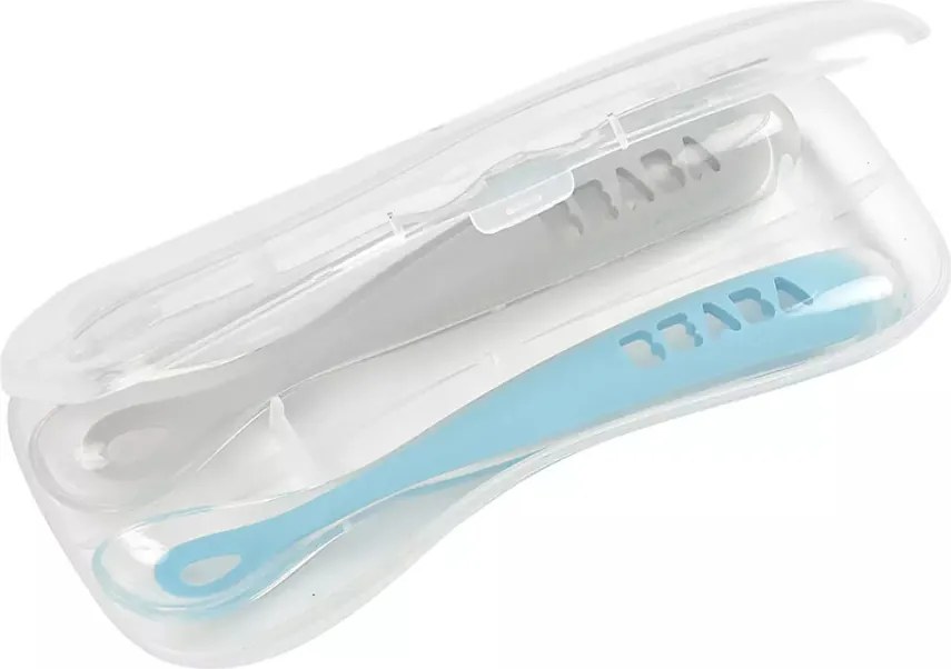 Béaba Ergonomikus Szilikon Hosszú Kiskanál Szett + Doboz - Viharkék