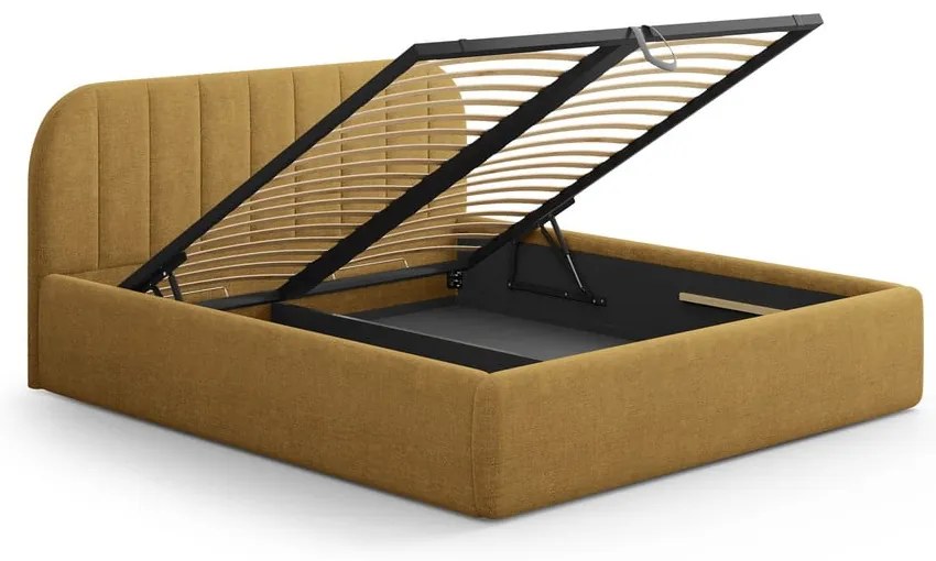 Mustársárga kárpitozott ágyneműtartós franciaágy ágyráccsal 140x200 cm Juno – Windsor &amp; Co Sofas