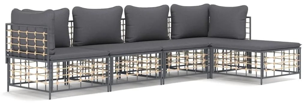 5 részes antracitszürke polyrattan kerti ülőgarnitúra párnákkal