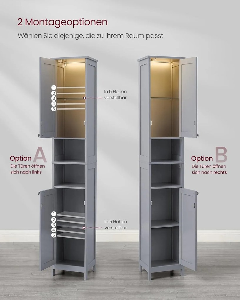 VASAGLE fürdőszobaszekrény világítással 30x30x170 cm, szürke