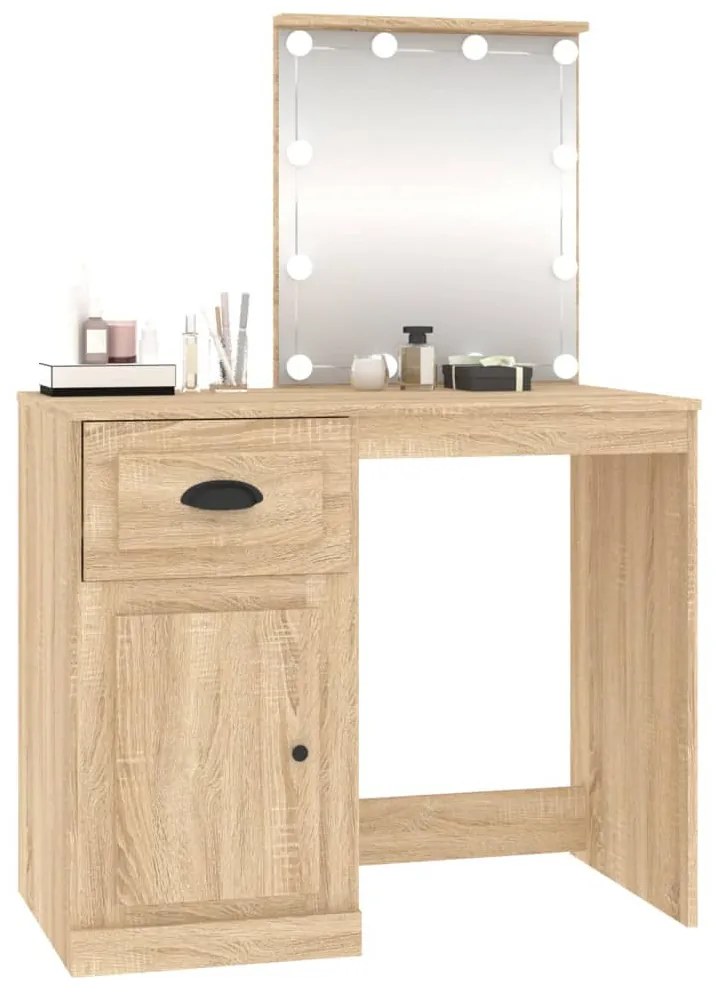 sonoma tölgy színű LED-es fésülködőasztal 90x50x132,5 cm
