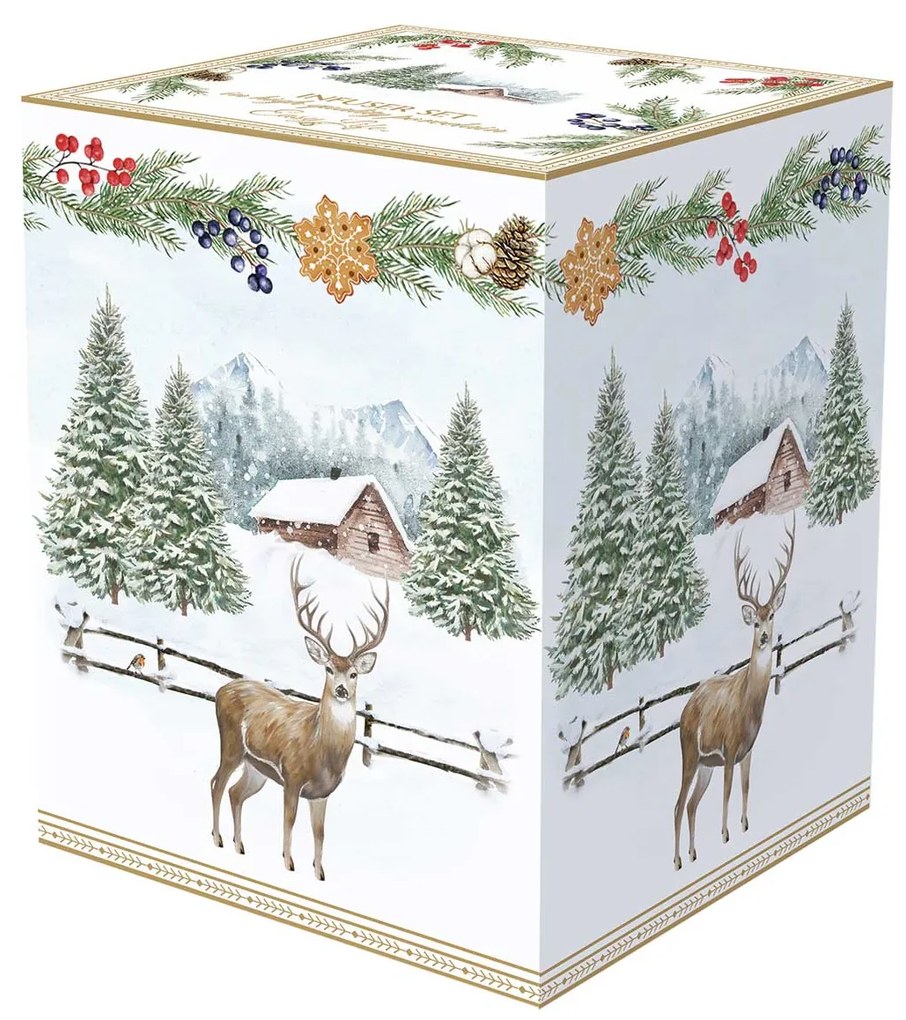 Karácsonyi porcelán teás bögre szűrővel White Forest díszdobozban