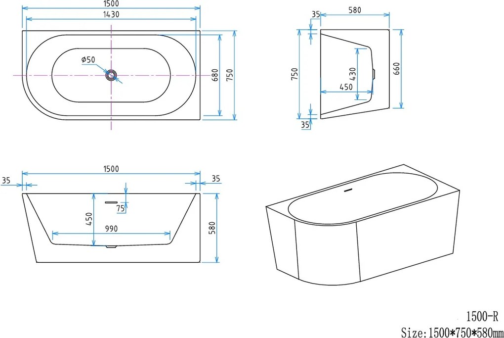 Erga Zara, sarok szabadon álló kád 150x75 cm + leeresztő csavar, jobb, fehér fényes, ERG-Zara-150075R-WH-WH