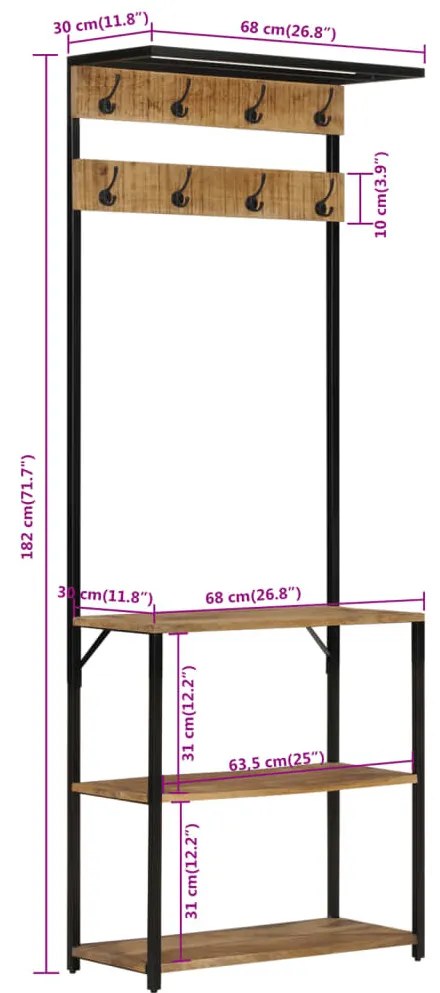 tömör durva mangófa fogas cipőtárolóval 68 x 30 x 182 cm