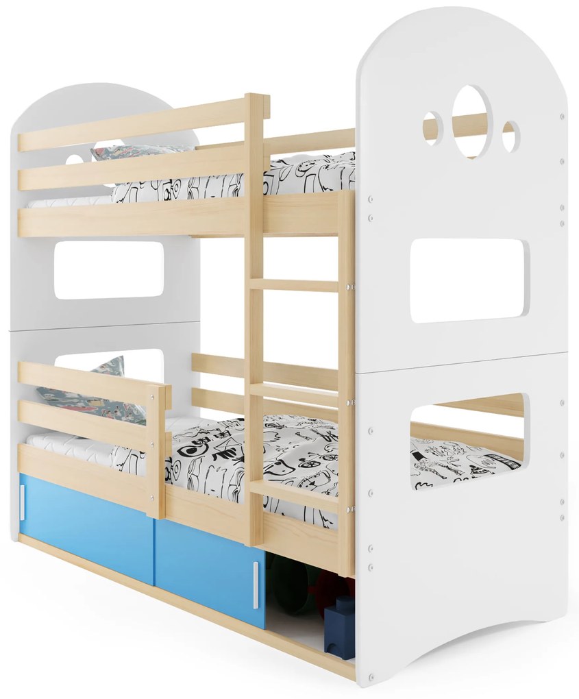 Emeletes ágy 80 x 190 cm Domur (fenyő + kék) (ágyrácsokkal és tárolóhellyel). Akció -29%. 1056537