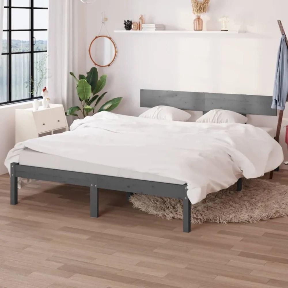 King Size szürke tömör fenyőfa ágykeret 150 x 200 cm