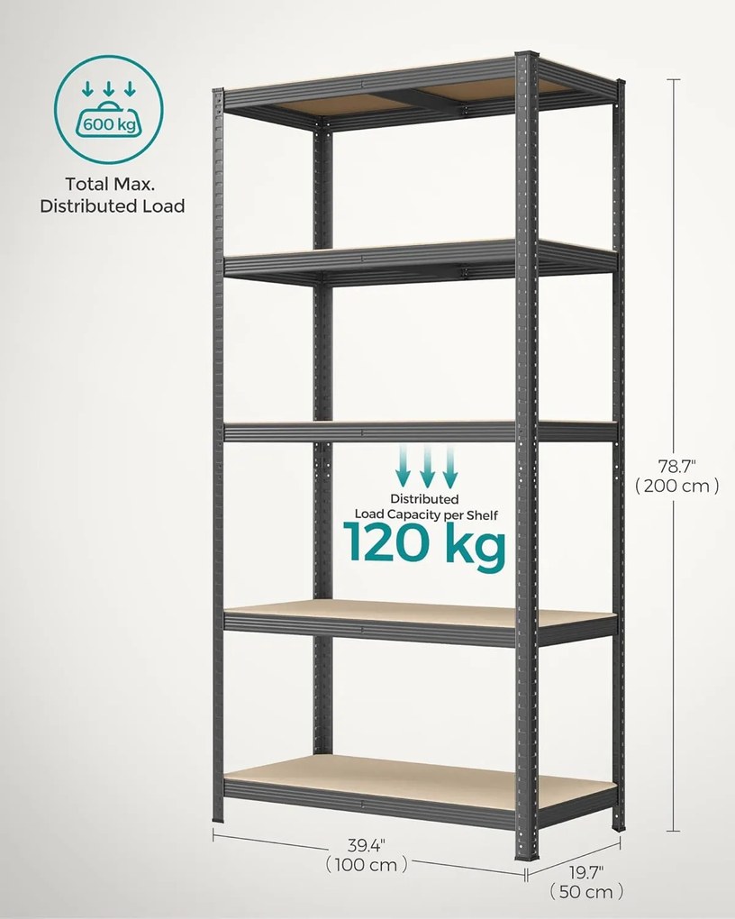 5 szintes fém tároló polc, teherbírás 600 kg, 50 x 100 x 200 cm, szürke