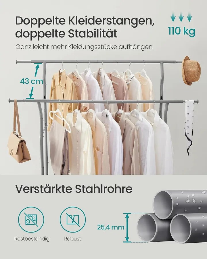 SONGMICS Görgethető Ruhatartó Állvány Kihúzható Rúddal, Galambszürke