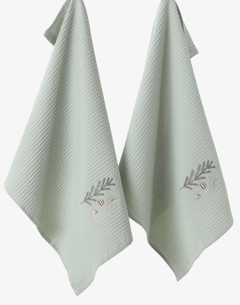 Goldea karácsonyi hímzett waffle konyharuha - gömbök az ágon zsálya háttéren 50 x 70 cm