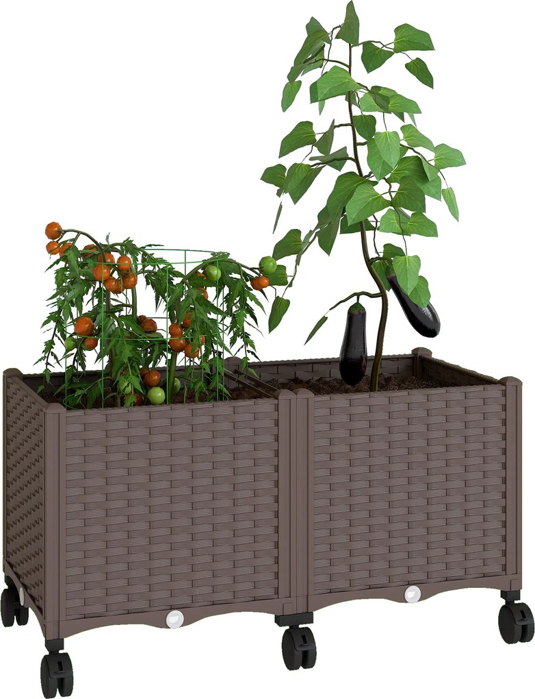 Outsunny emelt virágágyás 6 kerékkel — mobil, önöntözős műanyag ágyás, 80×40×43 cm, barna | Aosom