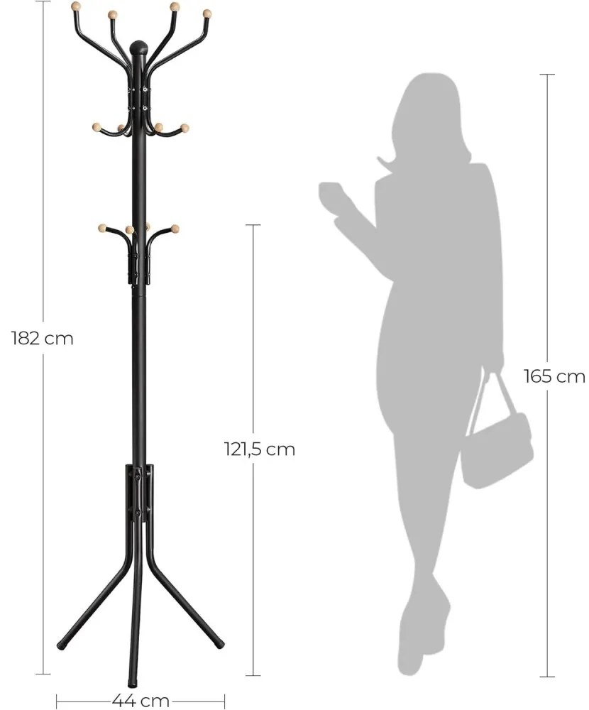 Álló ruhafogas fém 12 akasztóval, egyenes lábakkal, fekete