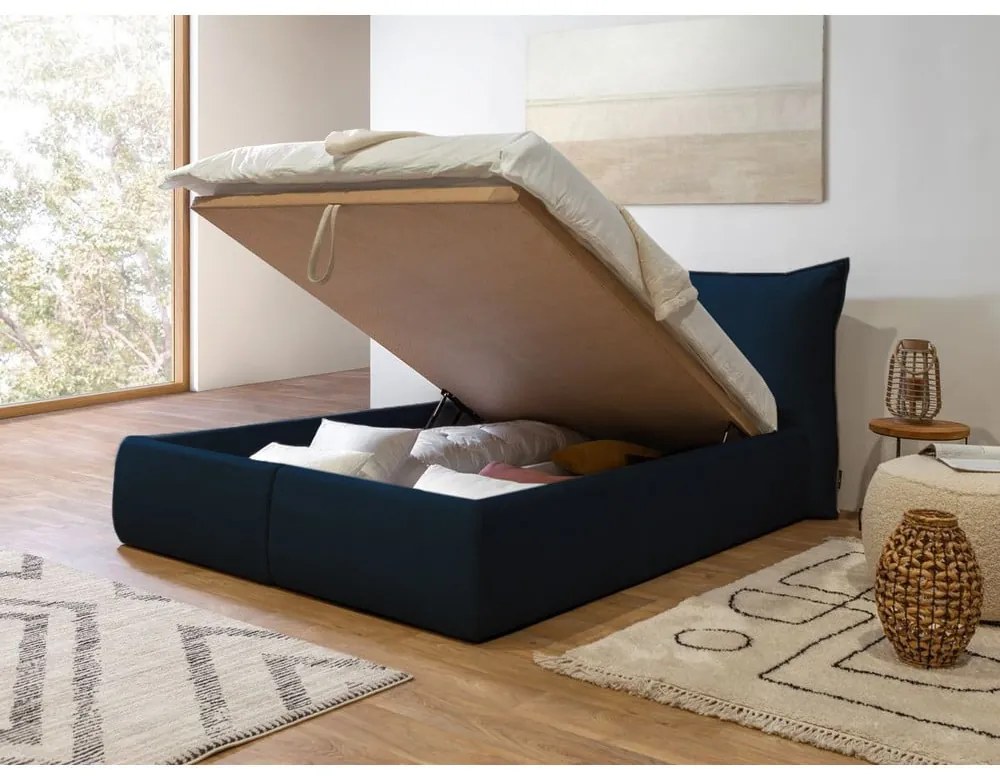 Sötétkék kárpitozott franciaágy tárolóhellyel ágyráccsal 160x200 cm Jade – Bobochic Paris