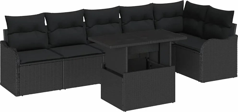 vidaXL Kerti Kanapé Szett párnával párnával 7 pcs Fekete Poly Rattan