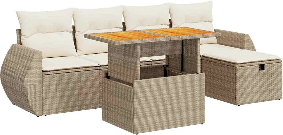 vidaXL 6 részes bézs polyrattan akácfa kerti ülőgarnitúra párnával